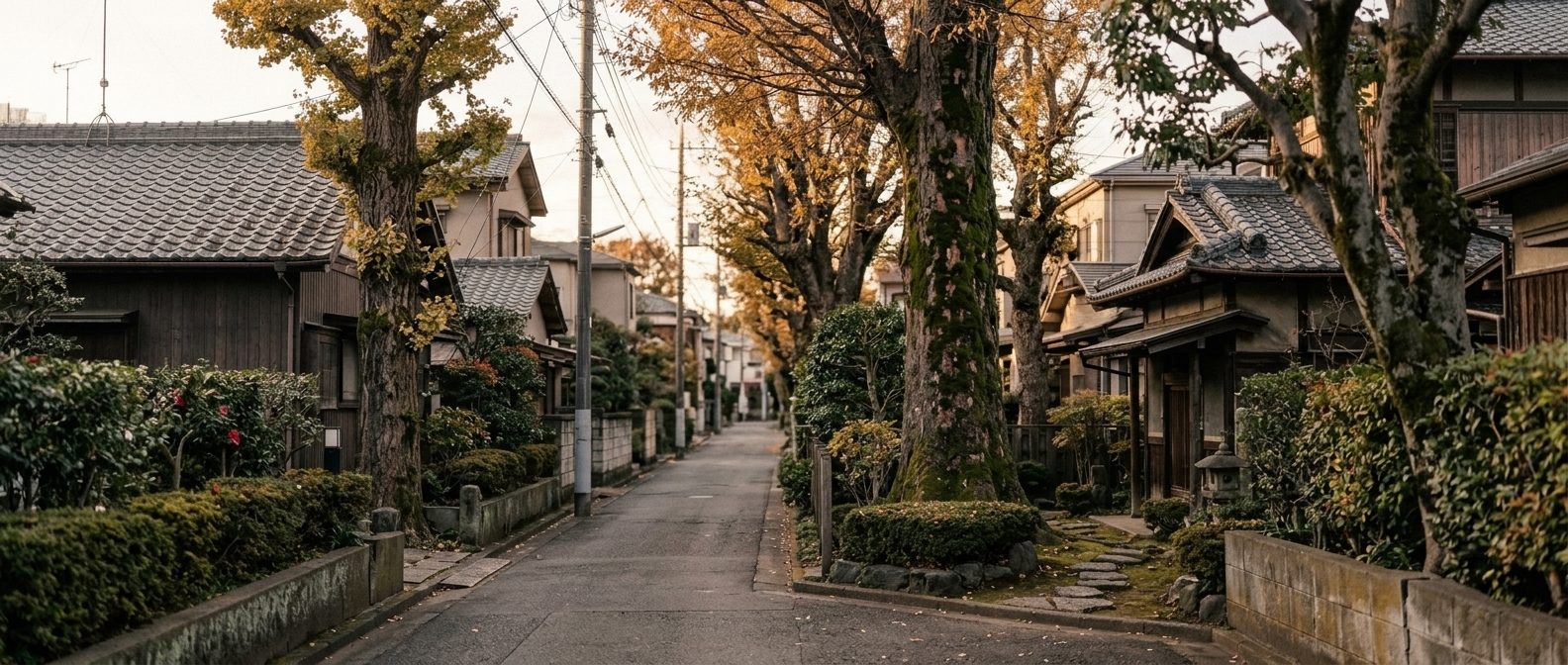 古い木と生け垣の続く世田谷の住宅地の道（イメージ）